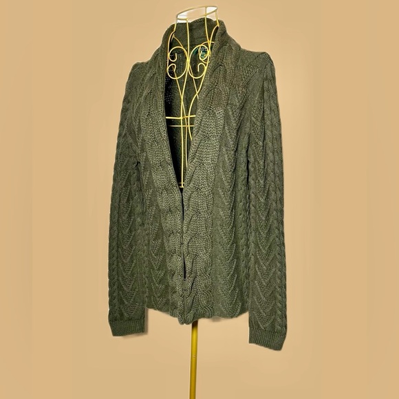 Lauren Ralph Lauren Cotton Cable Knit Green Cardigan with Hook & Eye Closure, M - Picture 3 of 9